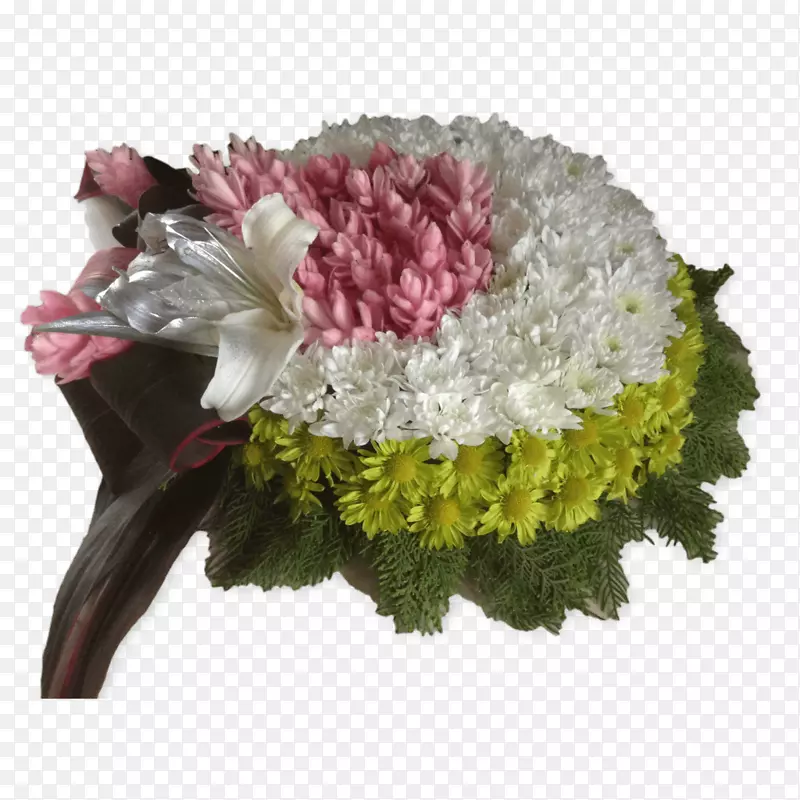 花型设计，切花，鲜花，花束，兰花，雏菊，粉红色和绿色花环。