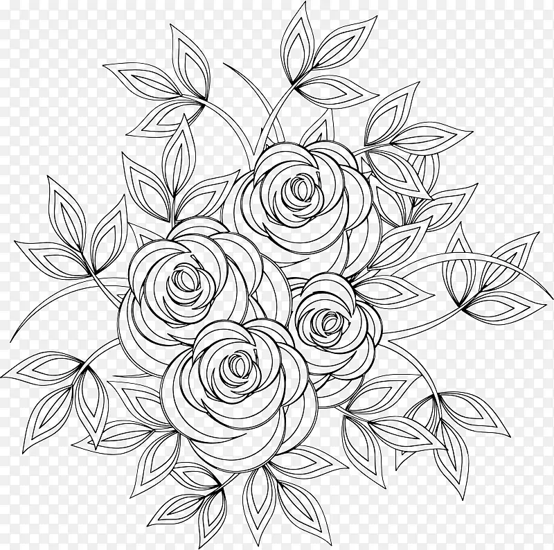 花卉设计线艺术着色书绘图夹艺术玫瑰花线