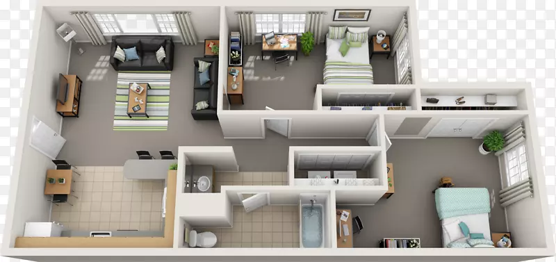 平面图，卧室，房屋，浴室，公寓-三个房间，两个房间