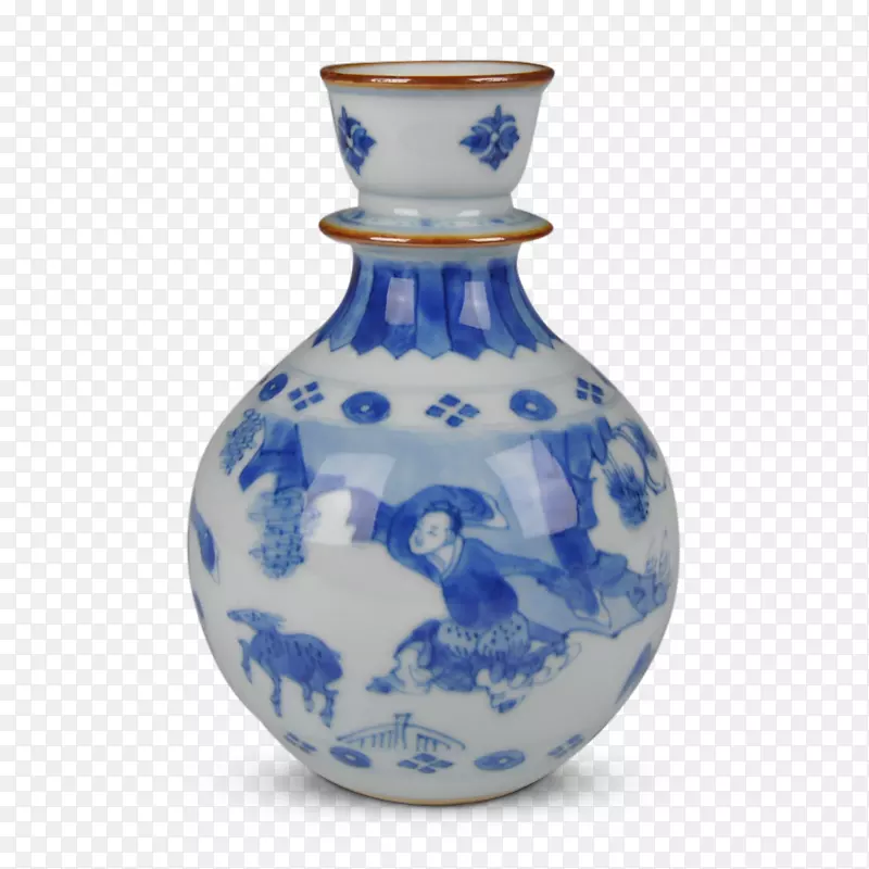 蓝白色陶器花瓶陶瓷钴蓝三维抗日胜利