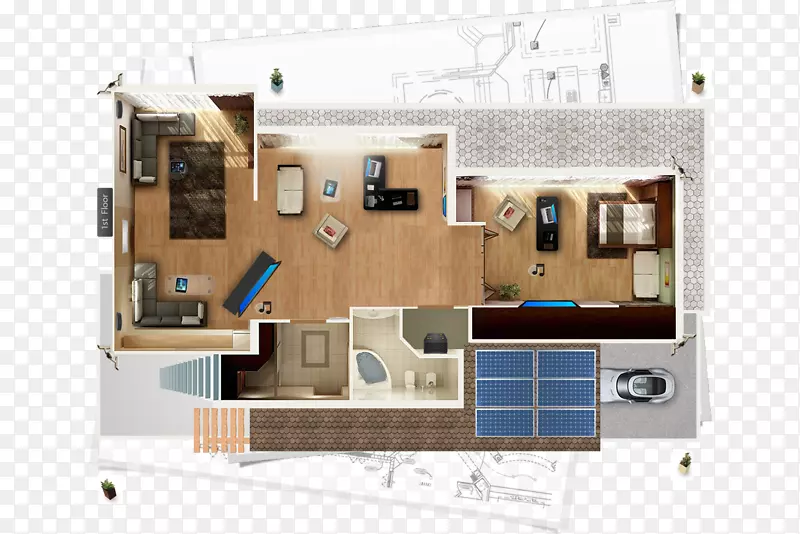 家庭自动化工具包房屋计划页面布局-蓝色极简木地板图案灯光背景