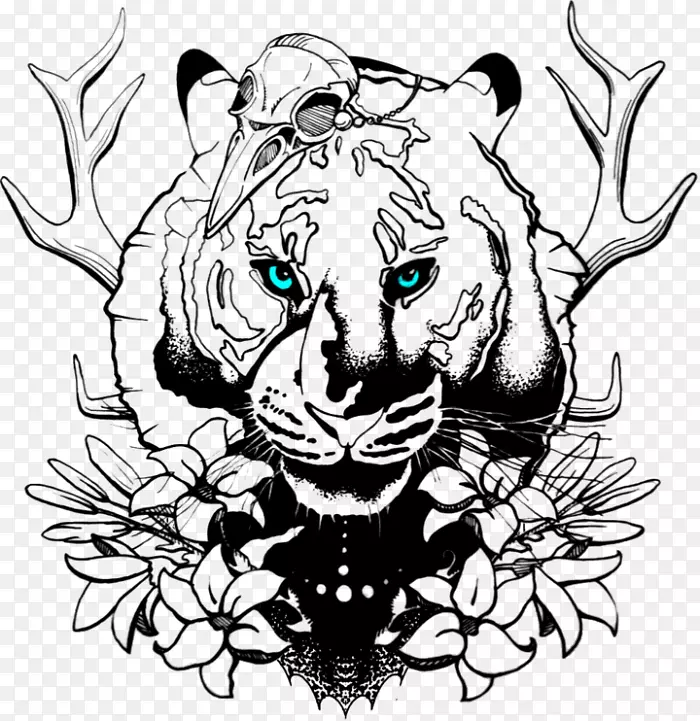 虎狮画纹身素描-虎