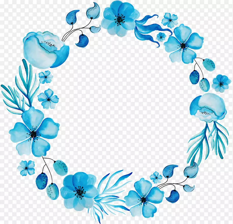 水彩画花卉设计花环蓝花