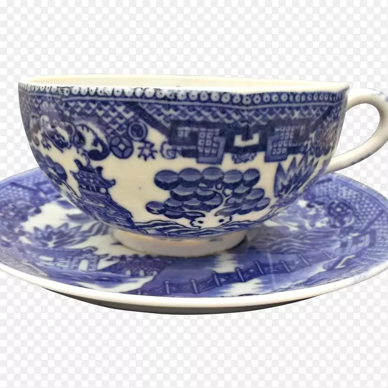 咖啡杯柳树花纹碟蓝白色陶器陶瓷瓷