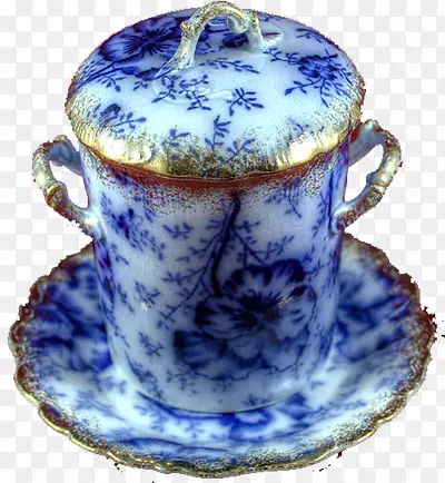 蓝白色陶器陶瓷咖啡杯流动蓝色餐具盘子