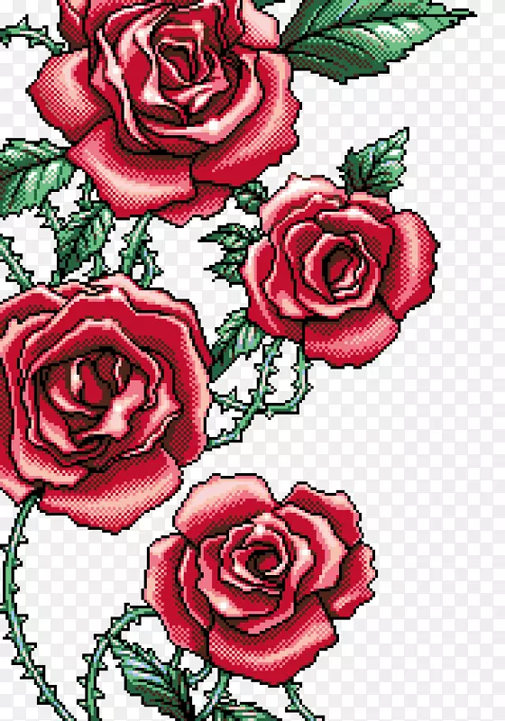 花园玫瑰静物：粉色玫瑰像素艺术-玫瑰