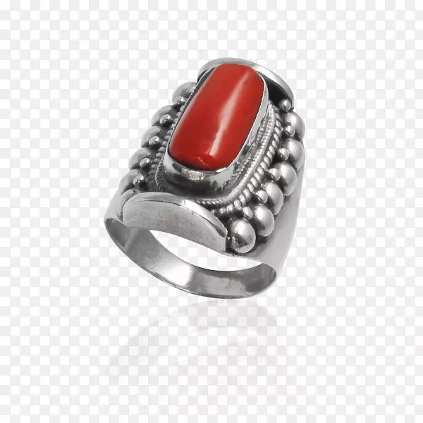 红珊瑚宝石银珠宝戒指