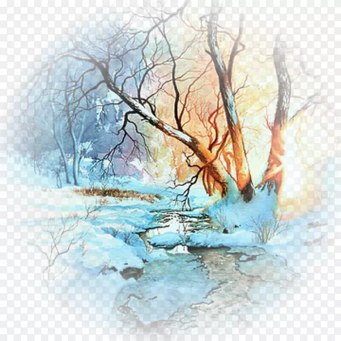 水彩山水画中的水彩画树木和景观-冬季景观