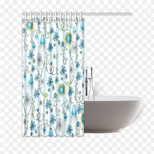 窗帘浴盆花蓝色淋浴器