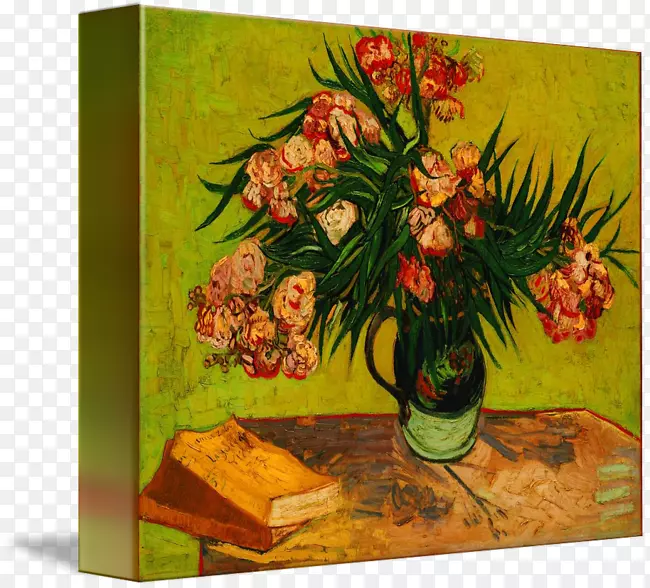 花卉设计静物：夹竹桃花瓶和书籍梵高-海报-梵高