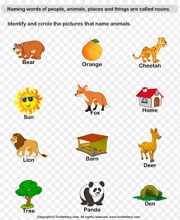 命名词：名词和代词，幼儿园工作表，复数一年级动物，儿童词汇