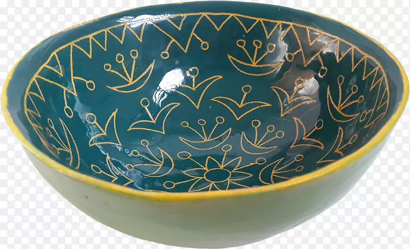 蓝色和白色陶器钴蓝碗陶瓷-黄色碗