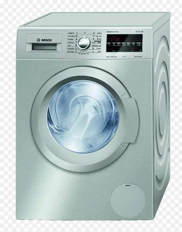 洗衣机、烘干机、洗衣房、家用电器.银灰色洗衣机