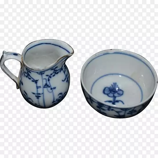 壶，咖啡杯，蓝色和白色陶器，陶瓷碟，杯子