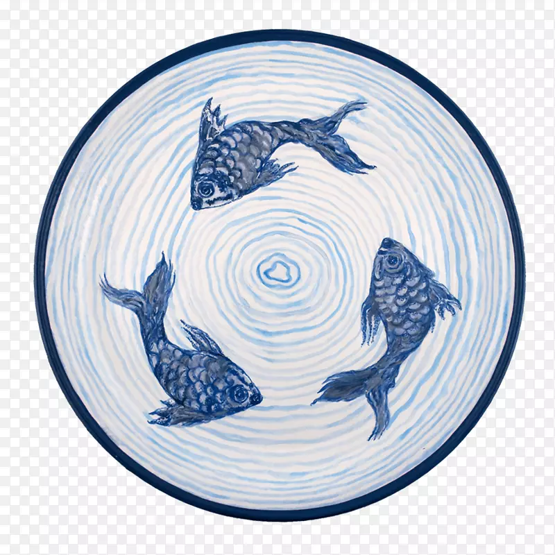 碟形海豚钴蓝白陶陶器-锦鲤池