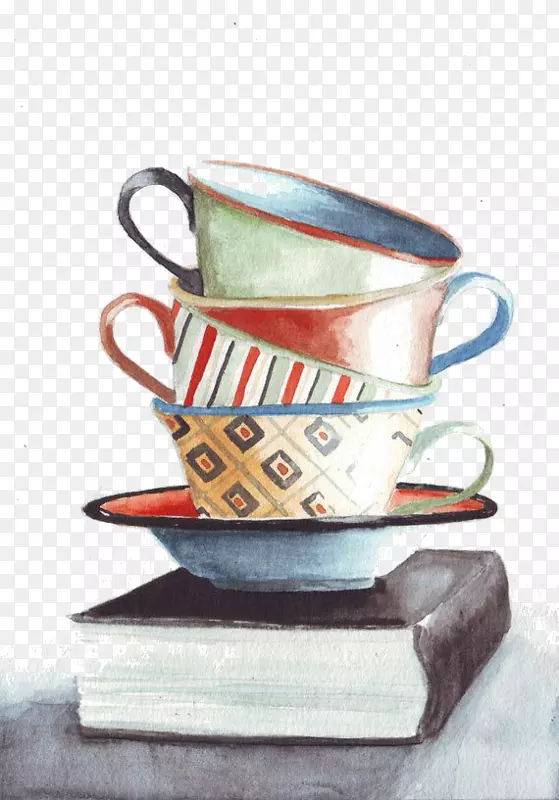 咖啡杯静物茶水彩画-茶