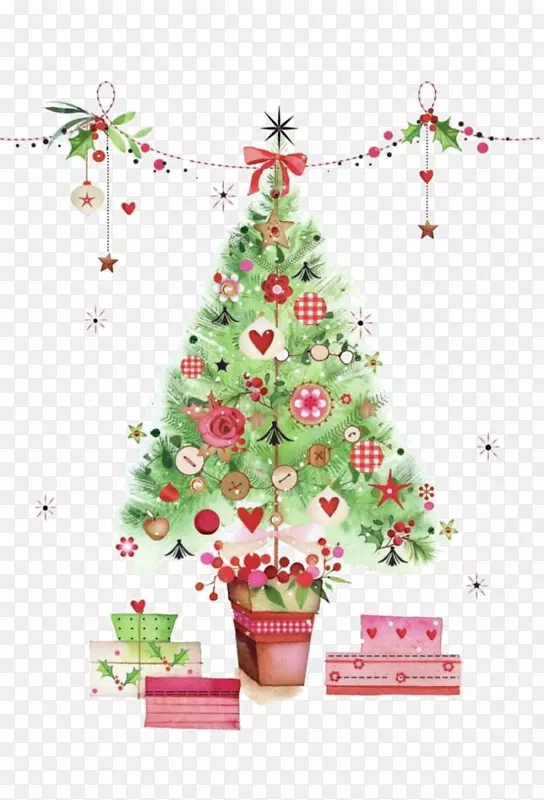 圣诞树装饰水彩画剪贴画-圣诞树