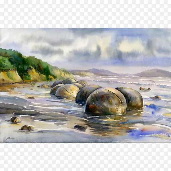 水彩画艺术莫拉基巨石海滩绘画