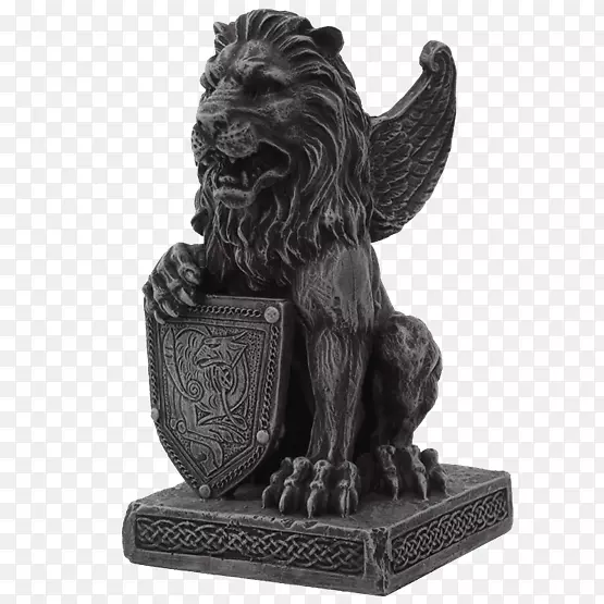 有翅膀的狮子石像雕塑-狮子盾牌