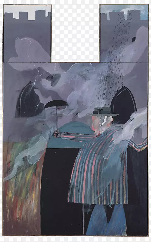男人站在他的房子前面，雨降下来(那个白痴)水彩画，现代艺术绘画。