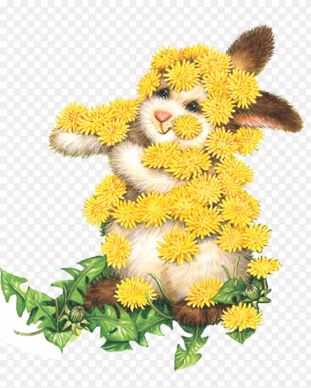 安静的兔子的许多颜色剪花，花卉设计，黄色菊花-纯正出版