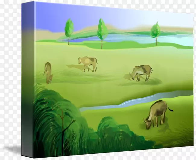 野生动物生态区域动物草原绘画-放牧奶牛