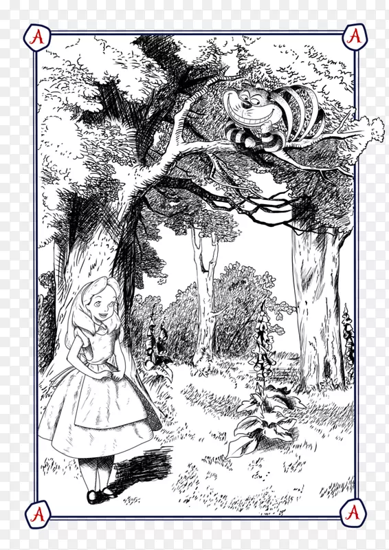 视觉艺术柴郡猫素描-爱丽丝梦游仙境蘑菇