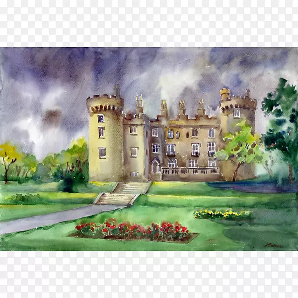 水彩画基尔肯尼城堡玫瑰花园城堡道路绘画