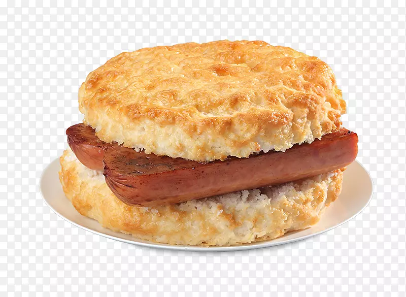 早餐三明治香肠肉汁饼干和肉汁培根鸡蛋奶酪三明治火腿奶酪三明治-美味的烟熏香肠