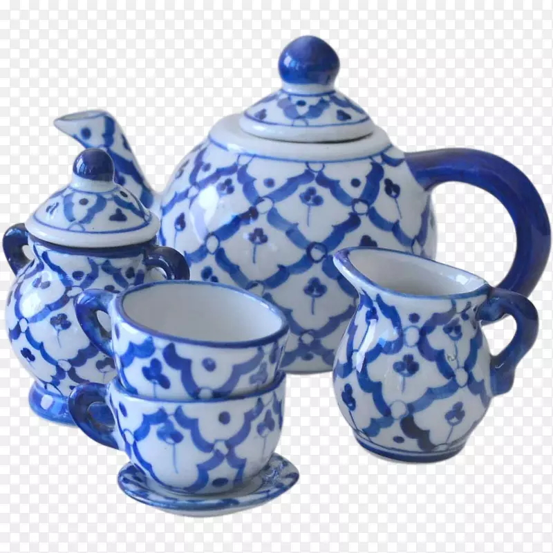 茶具茶壶蓝白陶碟茶