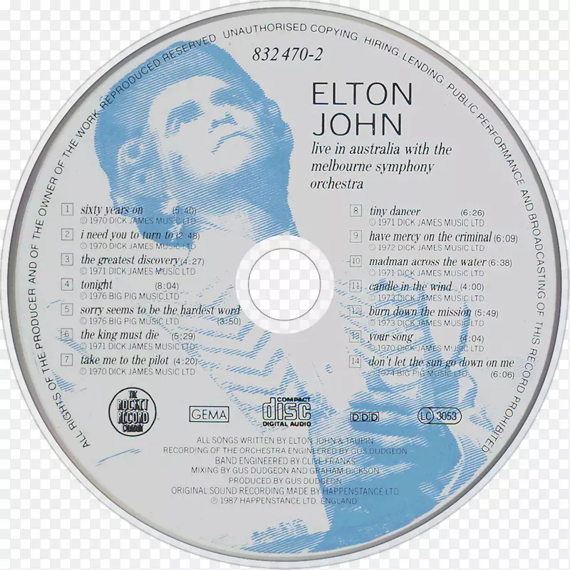埃尔顿约翰住在澳大利亚墨尔本交响乐团蜡烛在风中，留声机唱片光盘埃尔顿约翰