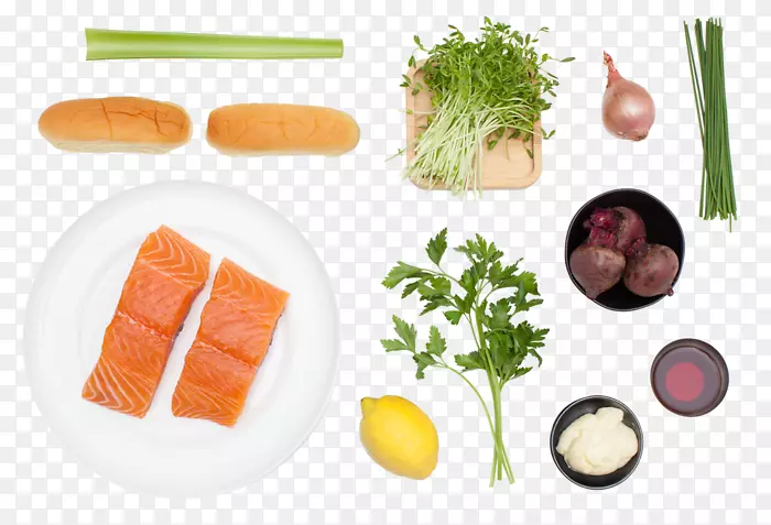 生鱼片素食菜熏鲑鱼薄荷叶蔬菜沙拉卷