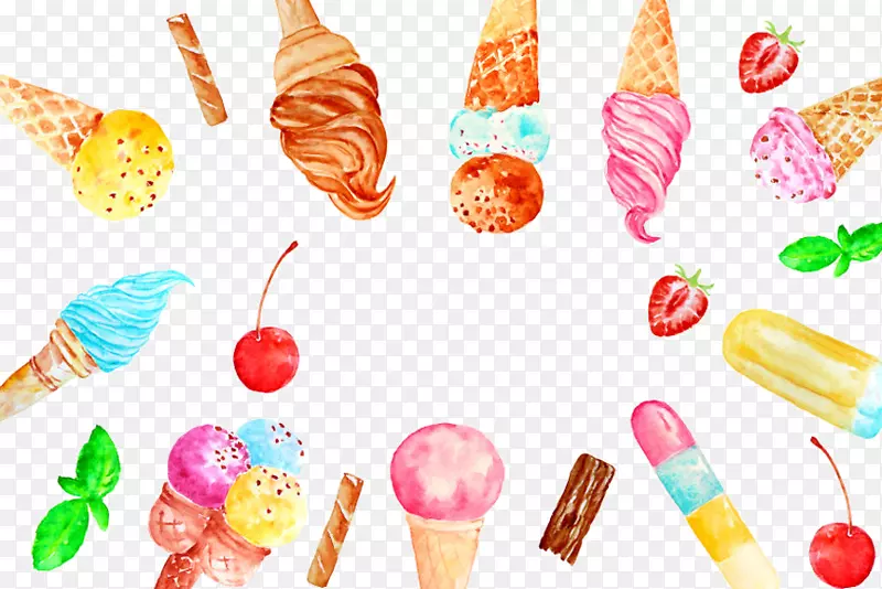 萝拉冰淇淋&甜果酱冰淇淋圆锥形冰淇淋冰河水彩画-冰淇淋