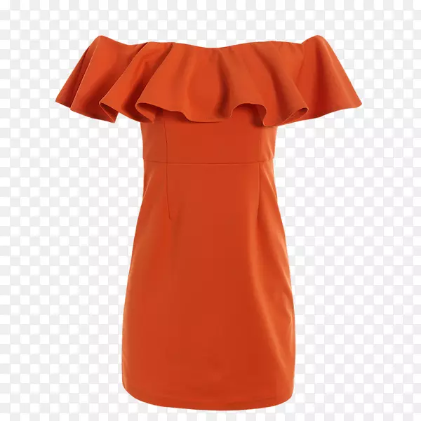 袖身裙褶皱领口橙色连衣裙