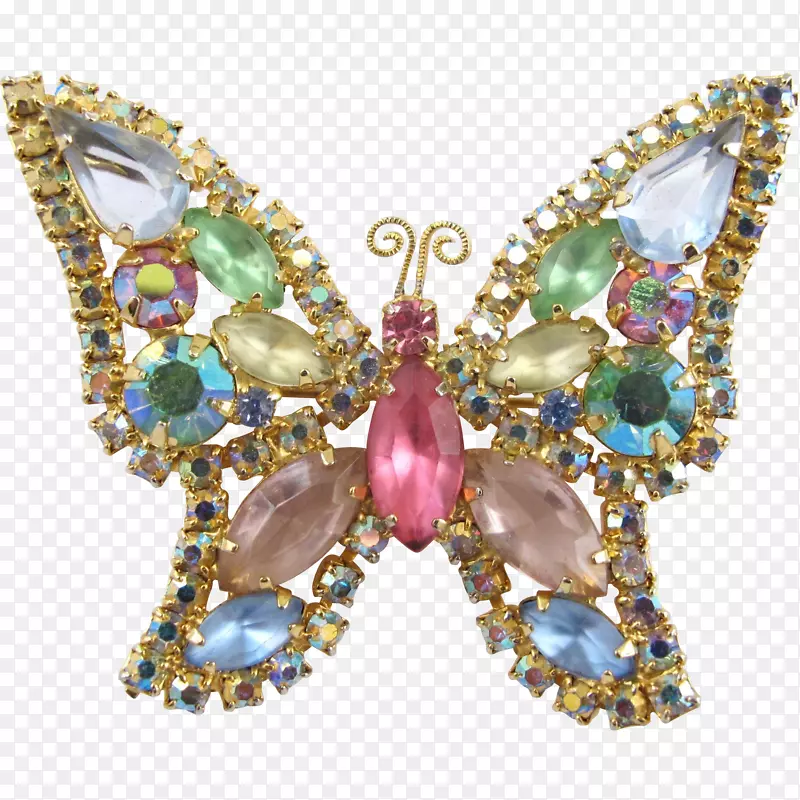 蝴蝶胸针耳环仿宝石和莱茵石-蝴蝶