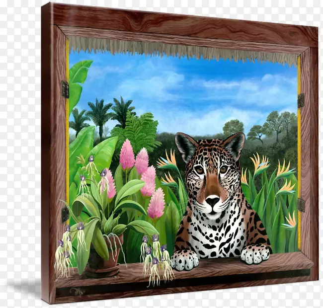 虎动物群绘画-热带花卉水彩