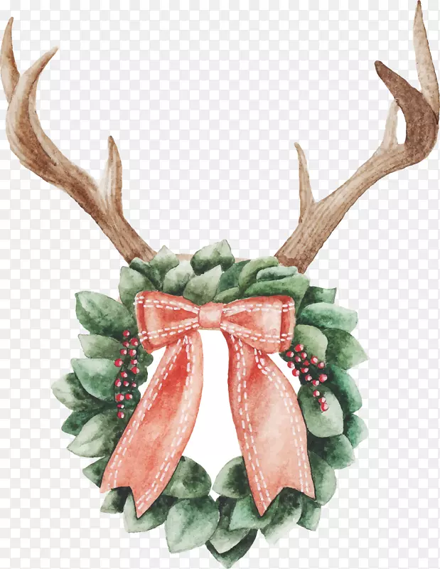 圣诞节日水彩画圣诞装饰品驯鹿圣诞灯水彩鹿角