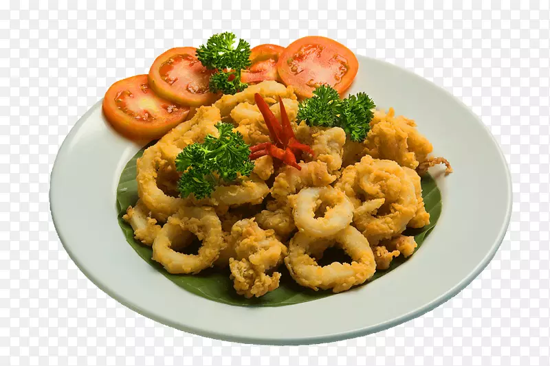 洋葱环鱿鱼作为食物素食烹饪食谱印尼菜-盐