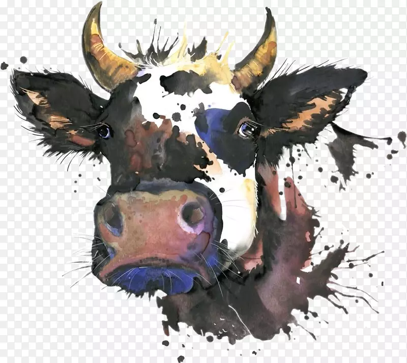 荷斯坦，弗里西亚牛，安格斯牛，乳牛，水彩画，意象画