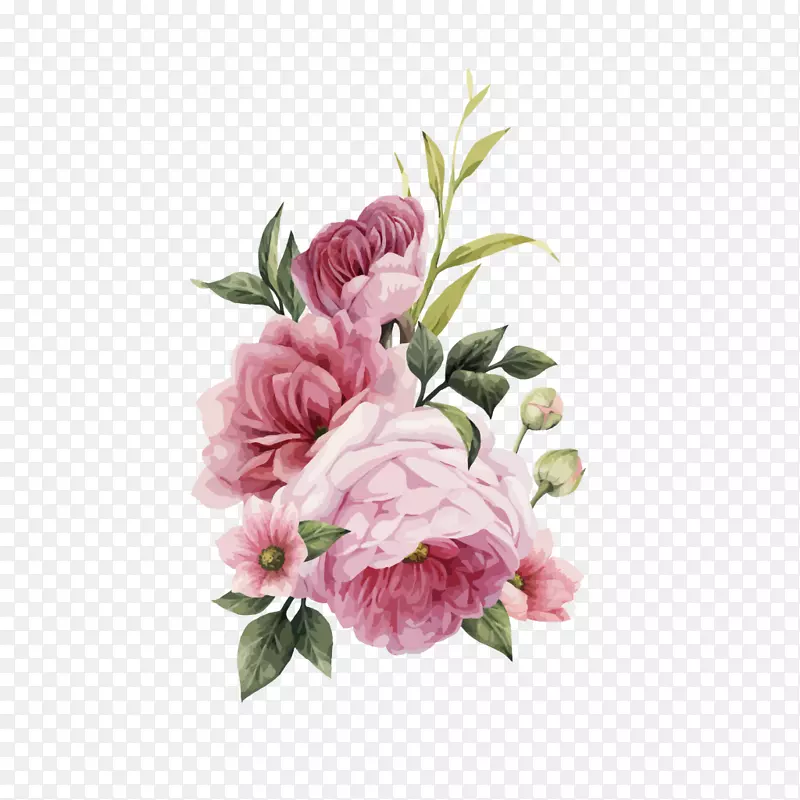 粉色花朵静物：粉色玫瑰花束意象-植物水彩