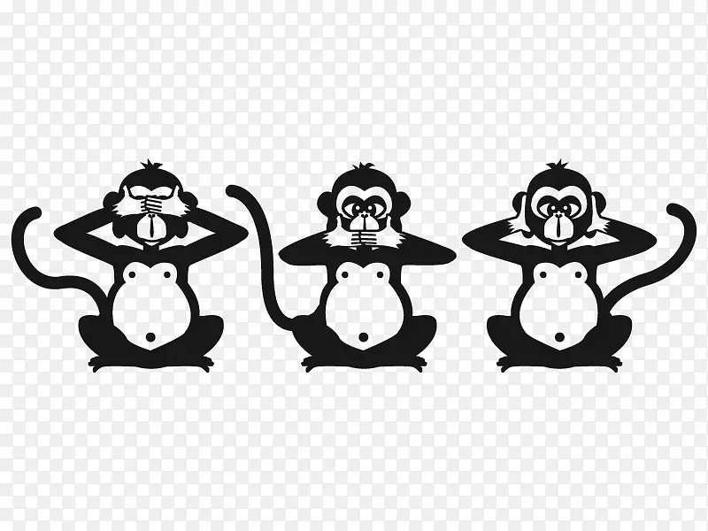 三只聪明的猴子雕像黑白形象猴子