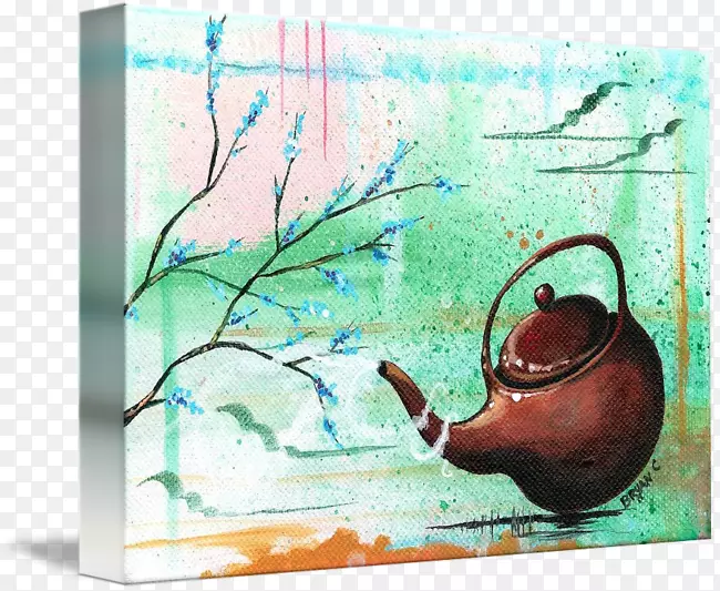 静物摄影水彩画丙烯酸颜料插图棕色花茶壶