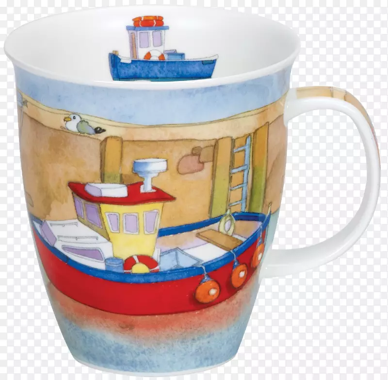 浮在蓝色尼维斯的邓恩船形成了咖啡杯，邓恩杯，邓农尼维斯农场拖拉机，蓝杯子