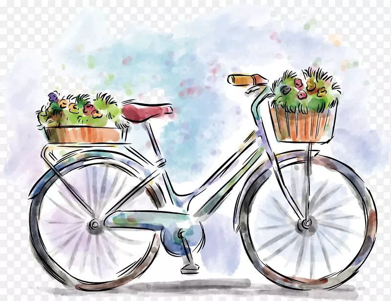 水彩画自行车绘画插图.自行车
