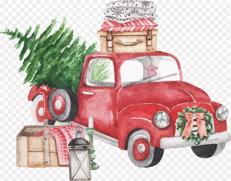 水彩画圣诞老人圣诞节汽车圣诞树-圣诞老人