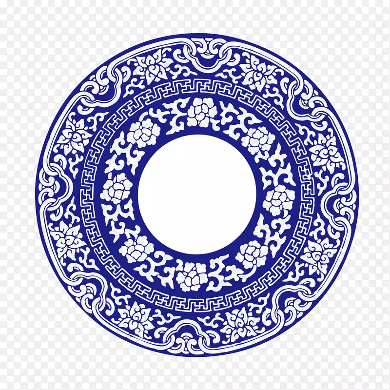 蓝白色陶器圆像盘瓷.蓝背景按钮