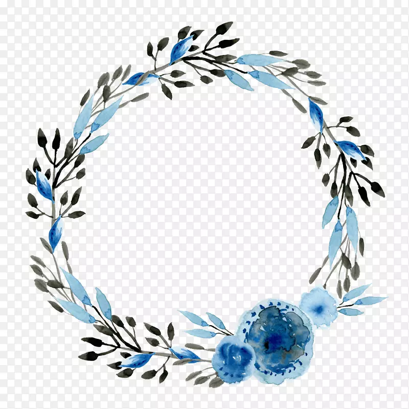 花卉设计蓝色花环水彩画蓝色花环