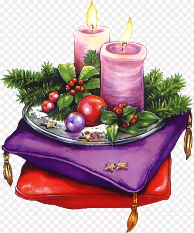 圣诞日圣诞老人蜡烛圣诞装饰品-水彩画