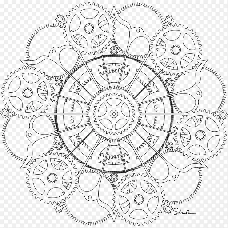 着色书曼陀罗画齿轮夹角-齿轮画PNG线艺术