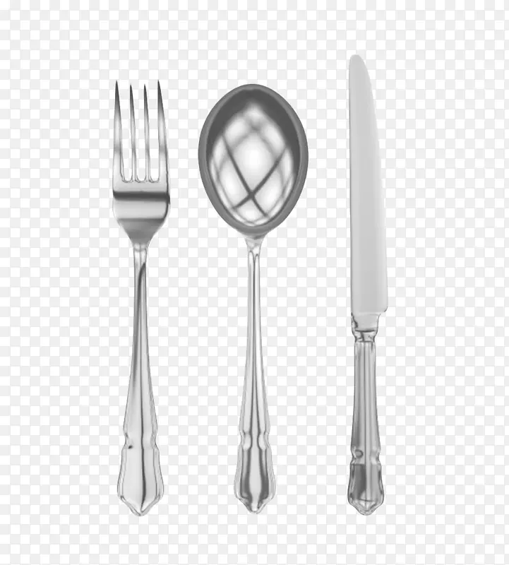 银色刀叉和不锈钢汤勺排列着